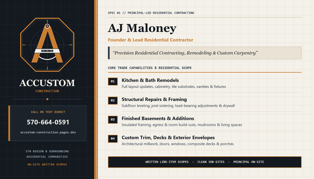 Accustom Construction Business Card Front Proof — AJ Maloney, Founder & Lead Residential Contractor, Core Services and Direct Contact 570-664-0591